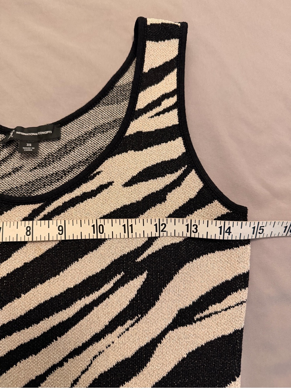 INC Black Beige XS Zebra Animal Print Metallic Shimmer Stretchy Knit Tank Top - Picture 5 of 8